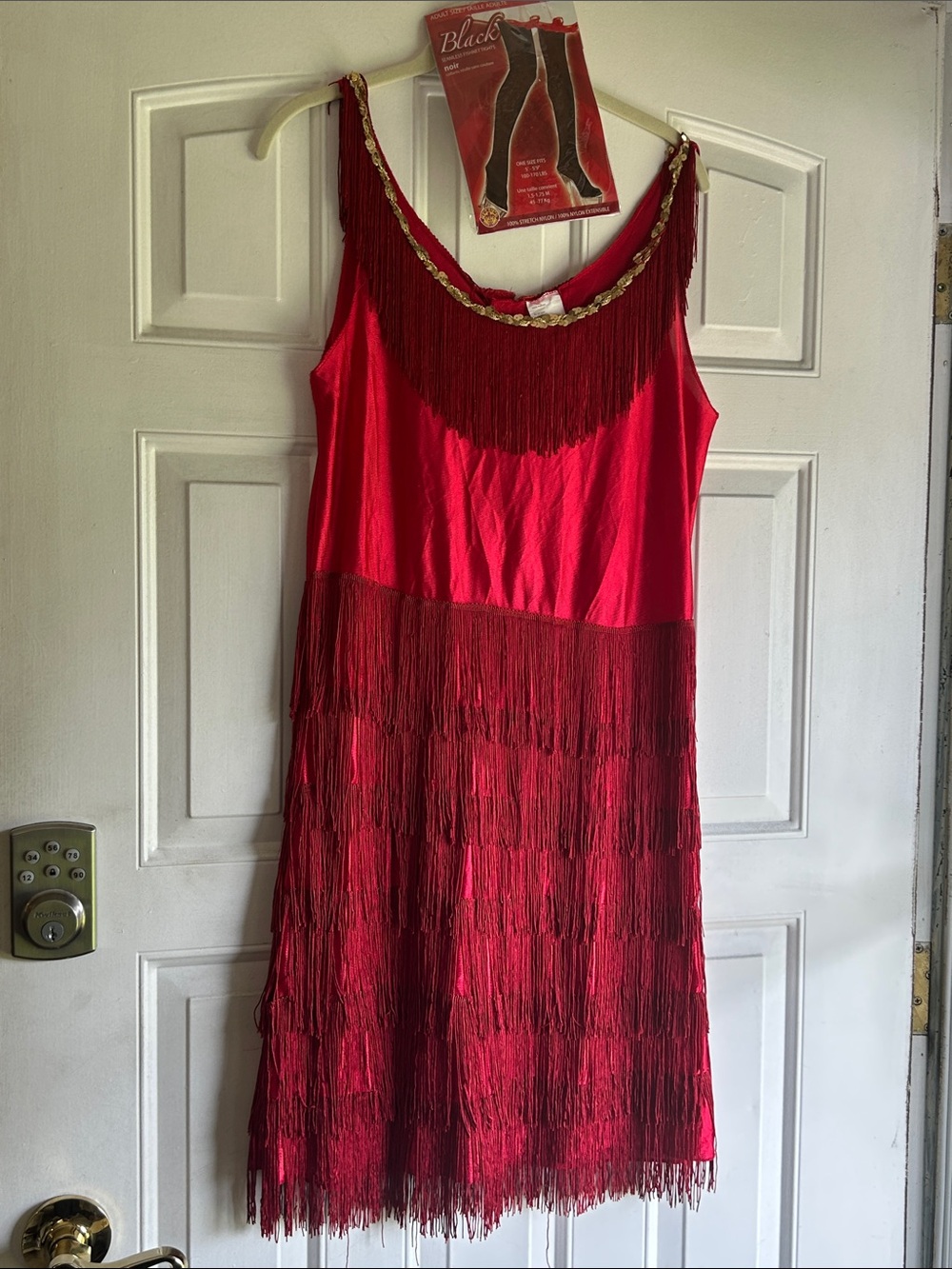 FLAPPER RED FRINGED ROARING 20S COSTUME DRESS WITH BLACK SEAMLESS FISHNET TIGHTS